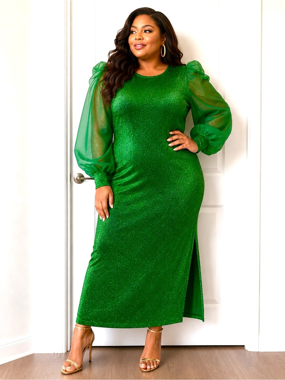 Ashley Stewart Green Lurex  Puff Sleeve Holiday Knit Dress Sz. 18/20